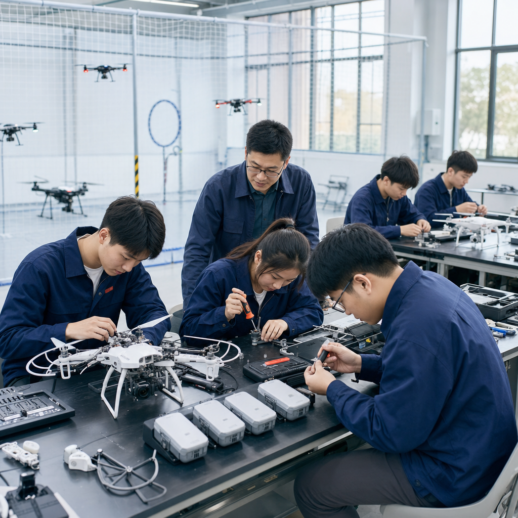 职业院校无人机实训场景，学生在安全网飞行区旁进行四旋翼装调、维修和电池工具管理