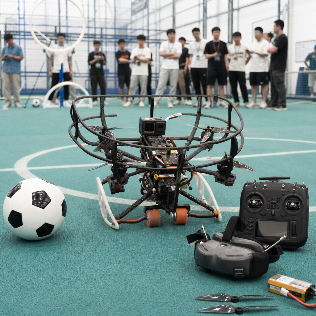 足球无人机竞技套件，带全包围防撞框的小型四旋翼足球无人机、FPV 眼镜、遥控器和足球赛场