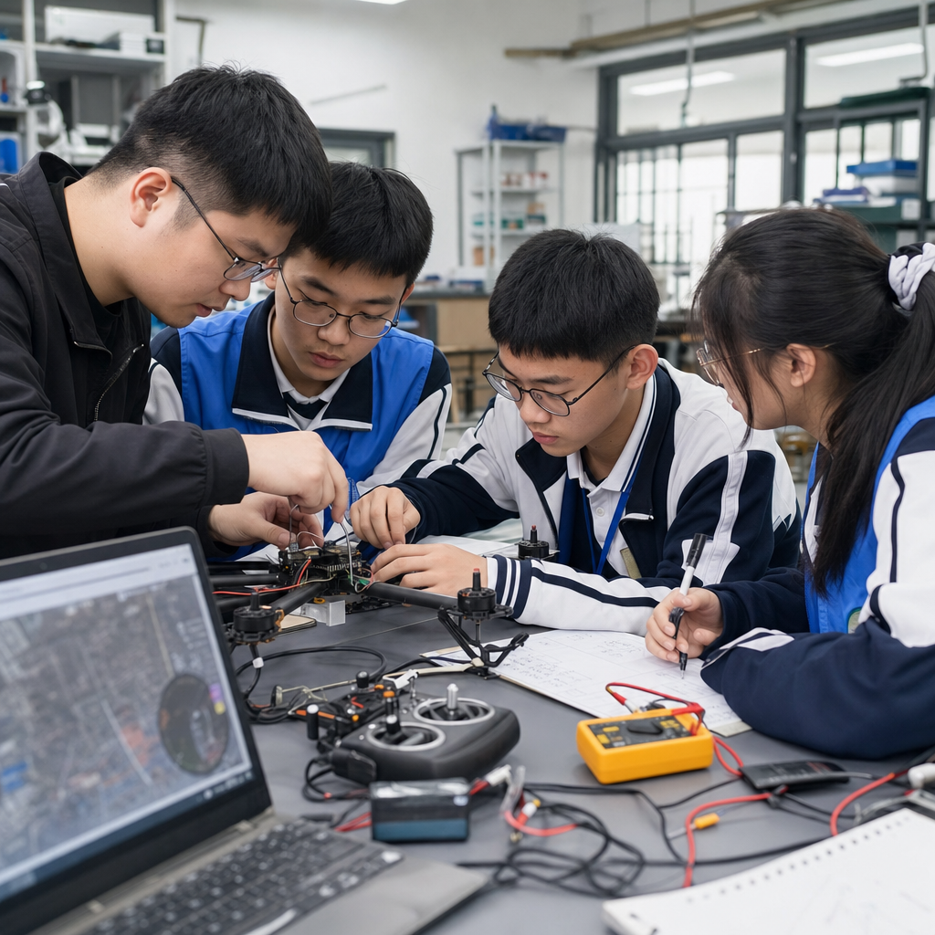 重庆中小学生无人机研学调试课堂，桌面展示四旋翼无人机、飞控、电池、工具和调试电脑