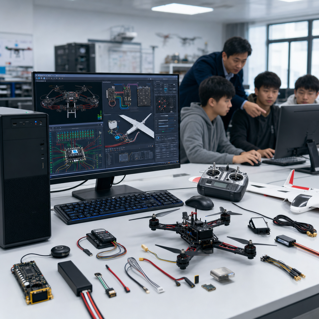 四旋翼固定翼组装调试虚拟仿真教学实验室系统，电脑运行无人机接线、原理图和调试仿真软件，桌面展示飞控与无人机部件