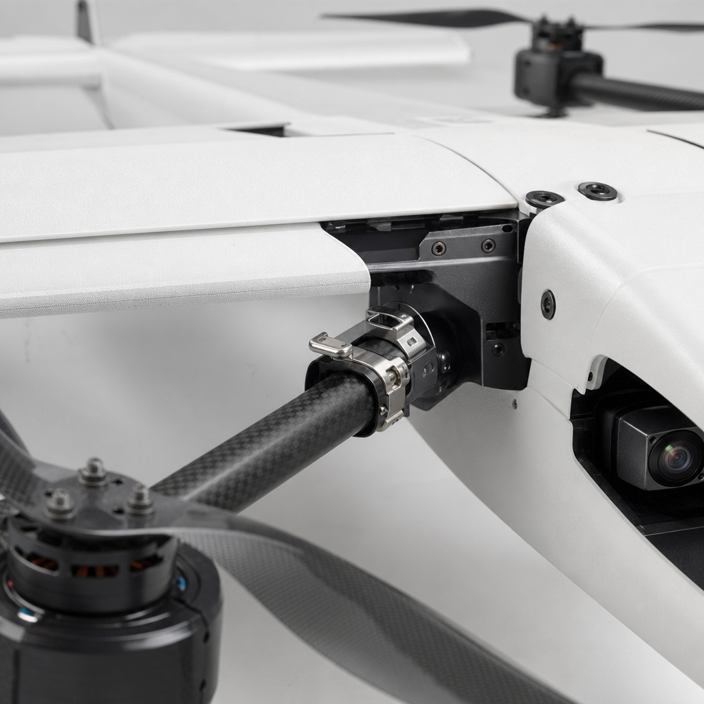VTOL 固定翼教学无人机模块化机翼和动力细节图，展示机翼快拆接头、升力电机臂、碳纤维管、载荷舱和巡航螺旋桨结构